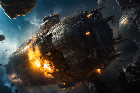 Giant space ship being damaged after a space battle. Created with Generative AI technology.の素材