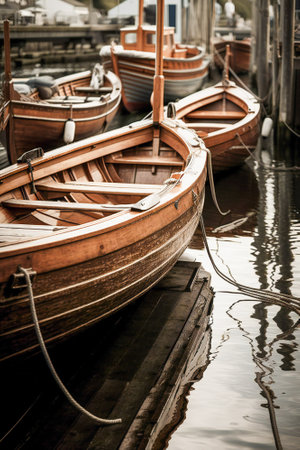 Old wooden boats in a harbor. Created with Generative AI technology.の素材