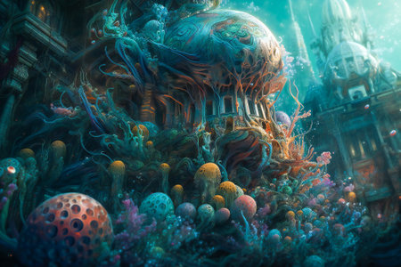 Fantasy under water illustration. Created with Generative AI technology.の素材