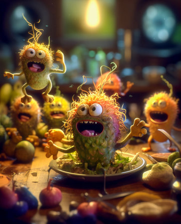 Cute little monsters party on the kitchen table. Created with Generative AI technology.の素材