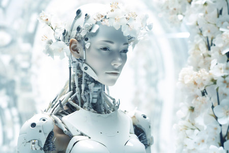 Illustration of a beautiful female white android head. Robotic and artificial intelligence concept. Bright composition. Created with Generative AI technology.の素材