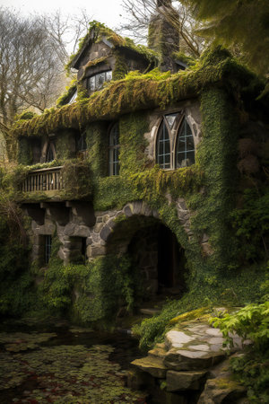 Beautiful traditional old house covered in ivy and moss. Created with Generative AI technology.の素材