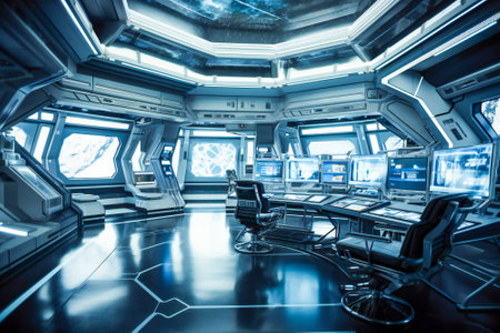 Interior of a futuristic control room of a space ship. Created with Generative AI technology.の素材