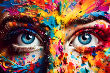 Creative fantasy colored face close up. Created with Generative AI technology.の素材