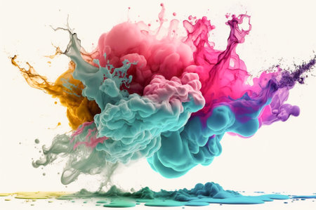 Colored dust clouds mixing in an explosion. White background. Fictional illustration. Created with Generative AI technology.の素材