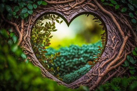 Heart shape leaves decopuage in a garden. Seasonal concept of joy, love and spring. Created with Generative AI technology.の素材