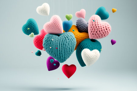 A fantasy composition of a group of floating hearts made of different types of textile materials. Love and affection concept. Created with Generative AI technology.の素材