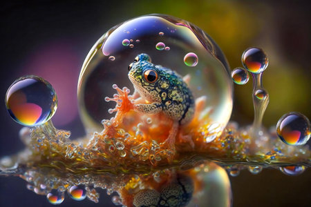 Extreme close-up of a little green frog in a bubble. Created with Generative AI technology.の素材