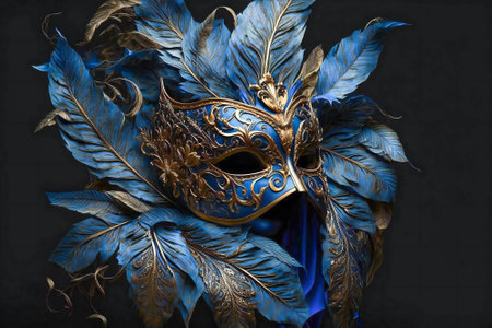 Luxury blue carnival mask with feathers and gold elements. Created with Generative AI technology.の素材