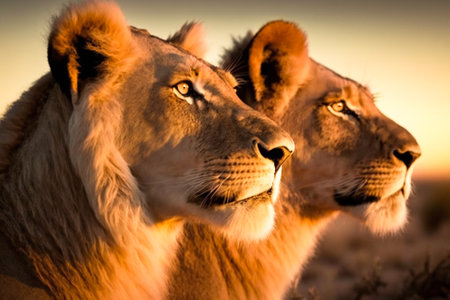 Two lioness in wilderness. Created with Generative AI technology.の素材