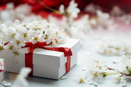 Delicate white flowers and a small gift box with a red ribbon. Simplicity and cuteness concept. Created with Generative AI technology.の素材