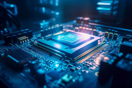 A motherboard with a CPU on it. Generic information technology concept illustration. Created with Generative AI technology.の素材