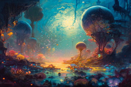 Surreal fantasy landscape on an alien planet. Created with Generative AI technology.の素材