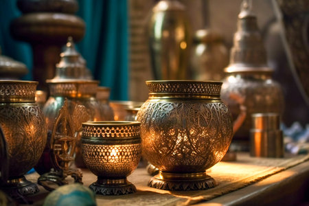 Oriental or ottoman metalwork and craft, filigree pots or lanterns close up in a middle east bazaar. Created with Generative AI technology.の素材