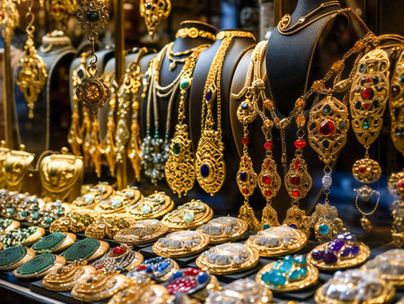 Oriental jewelry in a middle east bazaar. Created with Generative AI technology.の素材