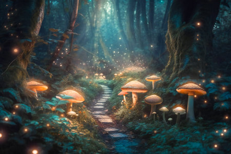 Enchanted forest at night, with luminescent mushrooms and luminous particles floating around. Created with Generative AI technology.の素材