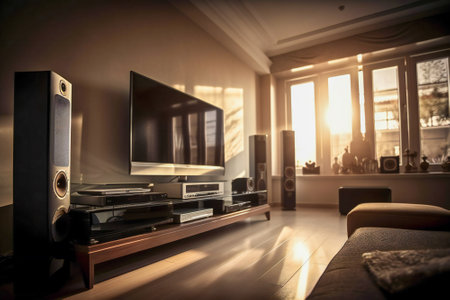 Modern living room with a big TV, audio line and furniture. Created with Generative AI technology.の素材