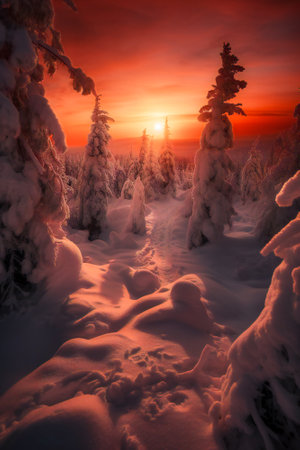 Illustration of a forest in winter at sunset. Created with Generative AI technology.の素材