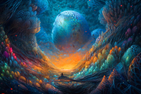 Surreal fantasy landscape on an alien planet. Created with Generative AI technology.の素材