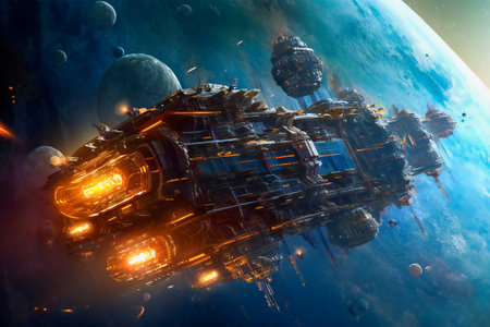 Giant space ship being damaged after a space battle. Created with Generative AI technology.の素材