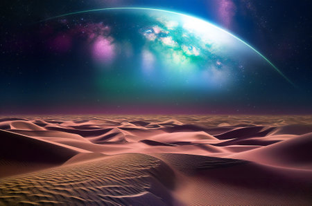 Galaxy starlight over desert dunes in the night. Dreamy landscape. Created with Generative AI technology.の素材