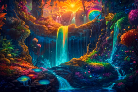 Illustration of a magical enchanted garden in the spring. Created with Generative AI technology.の素材