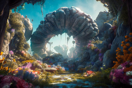 Illustration of a magical enchanted garden in the spring. Created with Generative AI technology.の素材