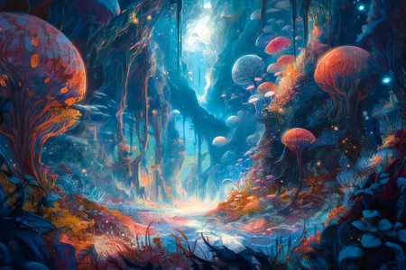 Surreal fantasy landscape on an alien planet. Created with Generative AI technology.の素材