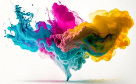 Colored dust clouds mixing in an explosion. White background. Fictional illustration. Created with Generative AI technology.の素材