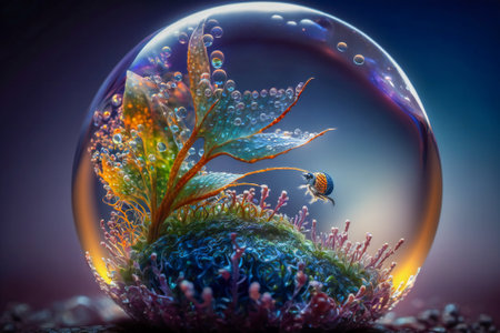 Extreme close up of a bubble containing small parts of a plant. Created with Generative AI technology.の素材