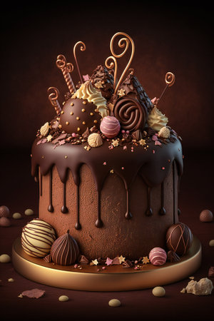 Ornated chocolate birthday cake. Created with Generative AI technology.の素材