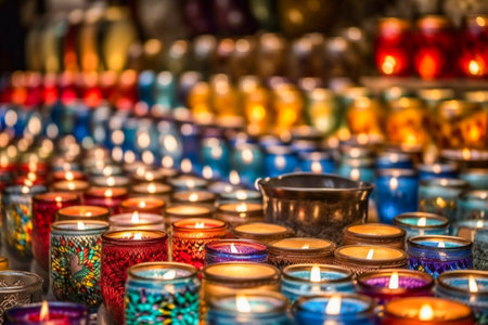 Multi colored candles burning in the evening. Oriental feel. Created with Generative AI technology.の素材