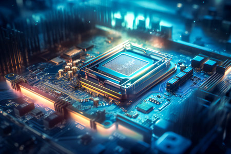 A motherboard with a CPU on it. Generic information technology concept illustration. Created with Generative AI technology.の素材