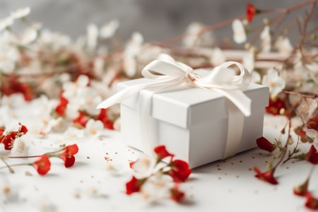 Delicate white and red flowers and a small gift box with a white ribbon. Simplicity and cuteness concept. Created with Generative AI technology.の素材
