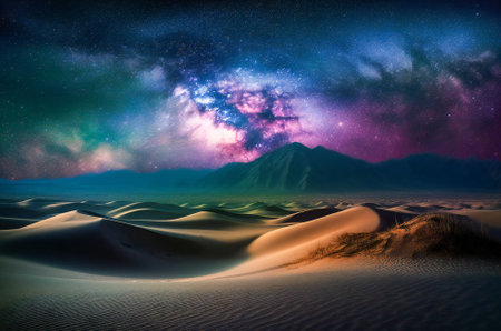 Galaxy starlight over desert dunes in the night. Dreamy landscape. Created with Generative AI technology.の素材