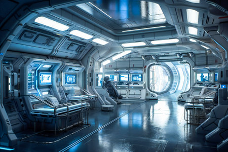Interior of a futuristic control room of a space ship. Created with Generative AI technology.の素材