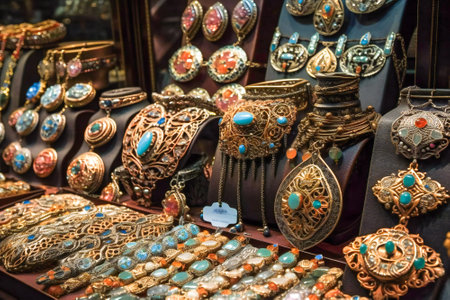 Oriental jewelry in a middle east bazaar. Created with Generative AI technology.の素材