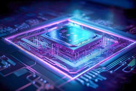 A motherboard with a CPU on it. Generic information technology concept illustration. Created with Generative AI technology.の素材