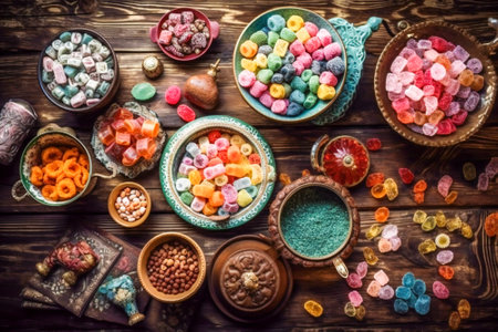 Turkish delights. Various pieces of traditional Turkish sweets on a wooden table. Created with Generative AI technology.の素材