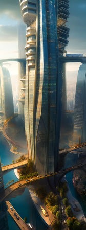A tall tower in a futuristic city. Created with Generative AI technology.の素材