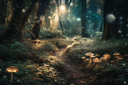 Enchanted forest at night, with luminescent mushrooms and luminous particles floating around. Created with Generative AI technology.の素材