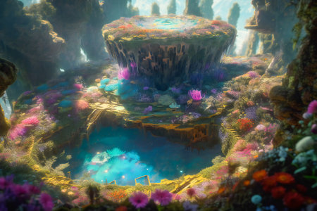 Illustration of a magical enchanted garden in the spring. Created with Generative AI technology.の素材