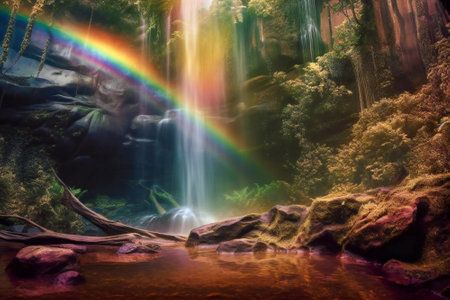 Magical psychedelic landscape, with a waterffall, colorful plants and a rainbow. Created with Generative AI technology.の素材