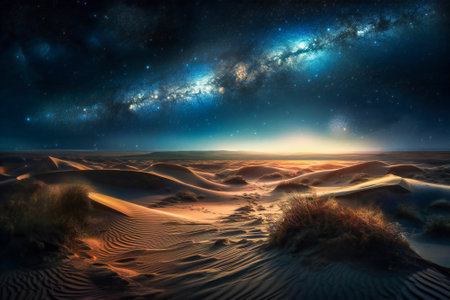 Galaxy starlight over desert dunes in the night. Dreamy landscape. Created with Generative AI technology.の素材