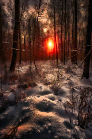 Illustration of a forest in winter at sunset. Created with Generative AI technology.の素材