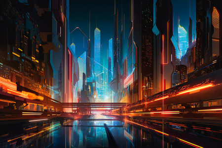 Illustration of a illuminated futuristic city in the night. Created with Generative AI technology.の素材