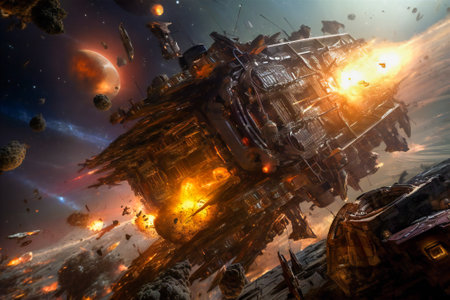Giant space ship being damaged after a space battle. Created with Generative AI technology.の素材