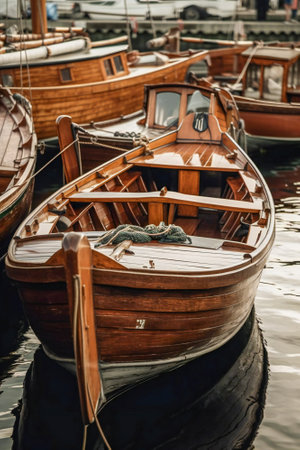 Old wooden boats in a harbor. Created with Generative AI technology.の素材