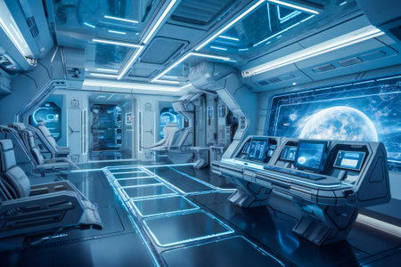 Interior of a futuristic control room of a space ship. Created with Generative AI technology.の素材
