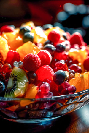 Delicious fresh fruits salad closeup. Created with Generative AI technology.の素材